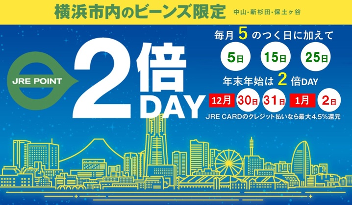 毎月“５”のつく日に加えて、年末年始はJRE POINT2倍DAY！