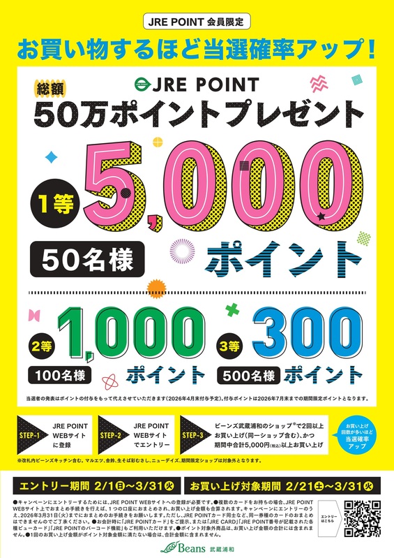 ビーンズ武蔵浦和限定 50万ポイントプレゼントキャンペーン✨