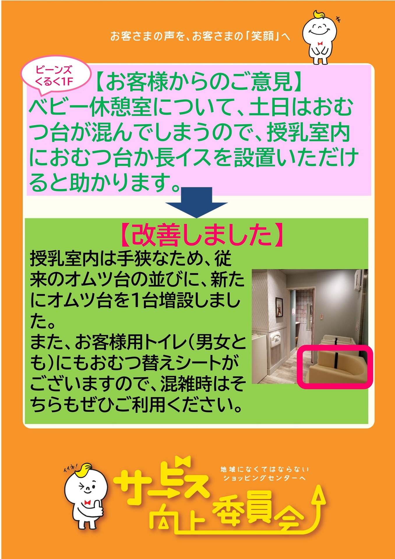 お客さまの声から改善したこと｜サービス向上委員会｜ビーンズ｜埼京線、総武線、南武線、横浜線沿線の買い物ショッピングセンター